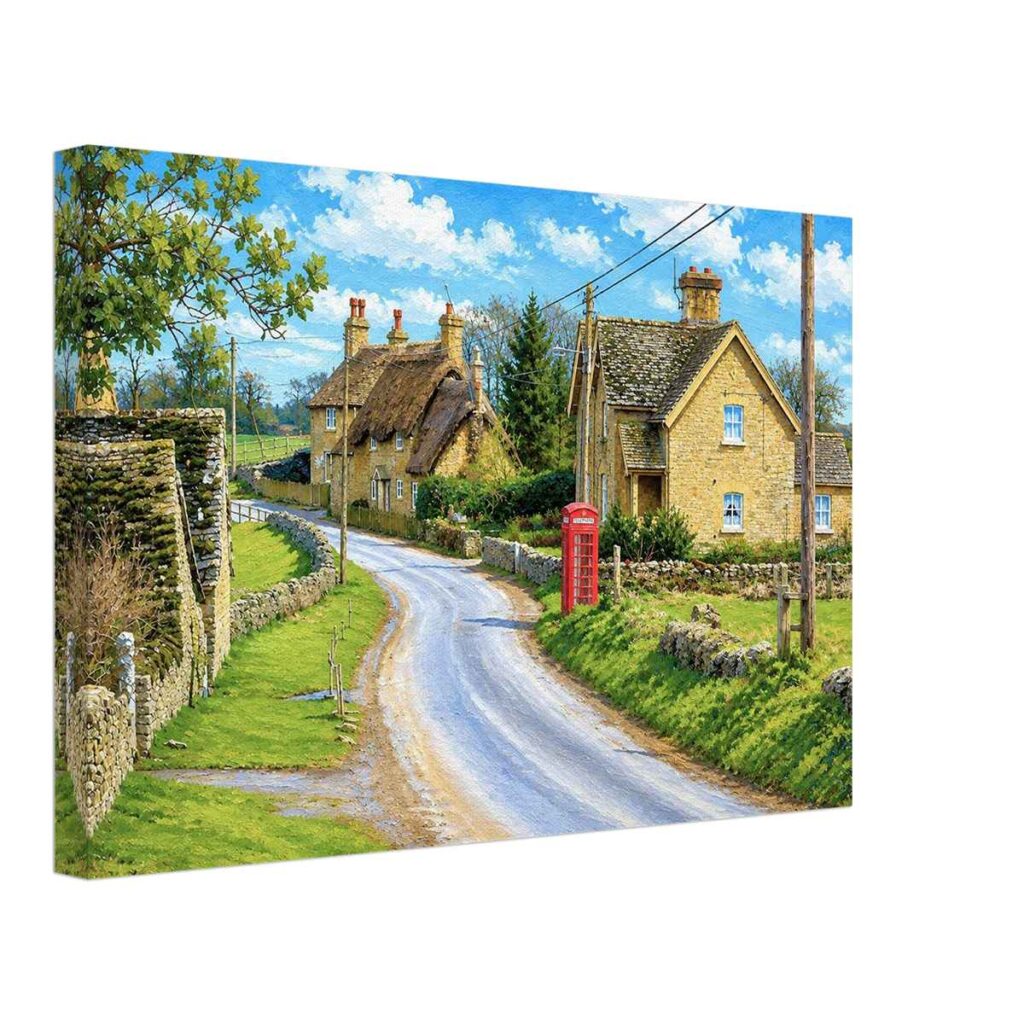 Little Badminton village, Gloucestershire in the 1980s with honey-colored stone cottages, dry-stone walls and a red K6 telephone box