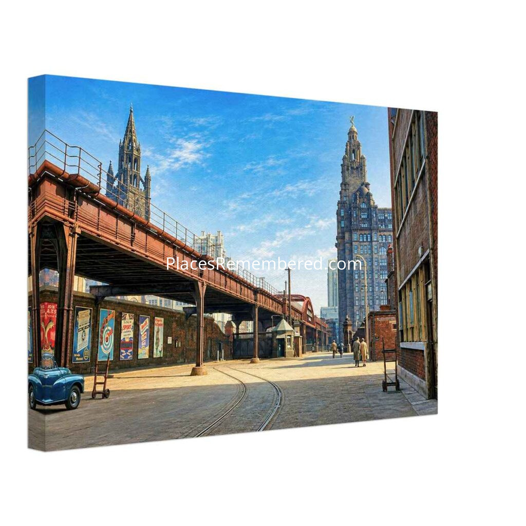 Painterly 1950s view of Liverpool showing the Liverpool Overhead Railway, Royal Liver Building, Liverpool Cathedral, dockside streets, and historic city architecture.
