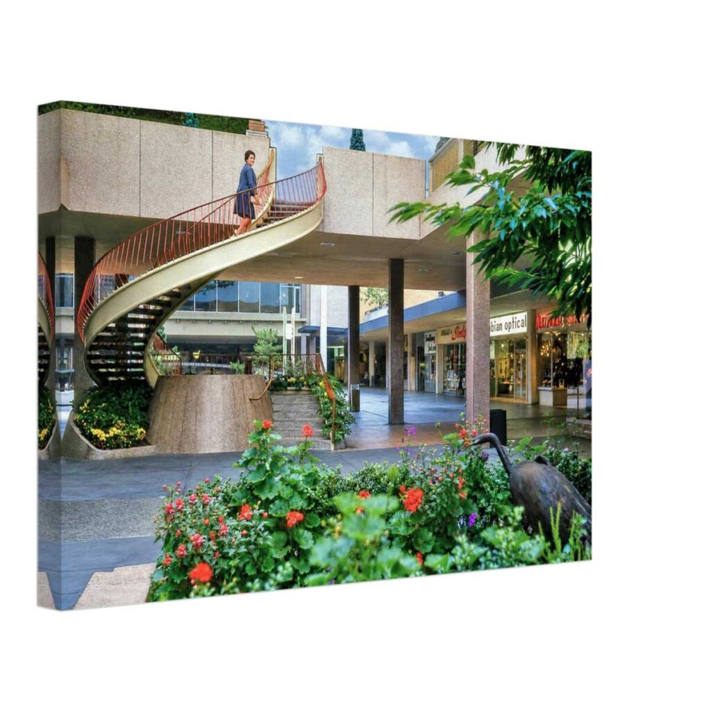 1960s view of Lloyd Center shopping mall in Portland, Oregon, featuring the iconic spiral staircase and landscaped courtyard, reimagined in a painterly style from a genuine vintage color photograph.