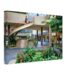 1960s view of Lloyd Center shopping mall in Portland, Oregon, featuring the iconic spiral staircase and landscaped courtyard, reimagined in a painterly style from a genuine vintage color photograph.