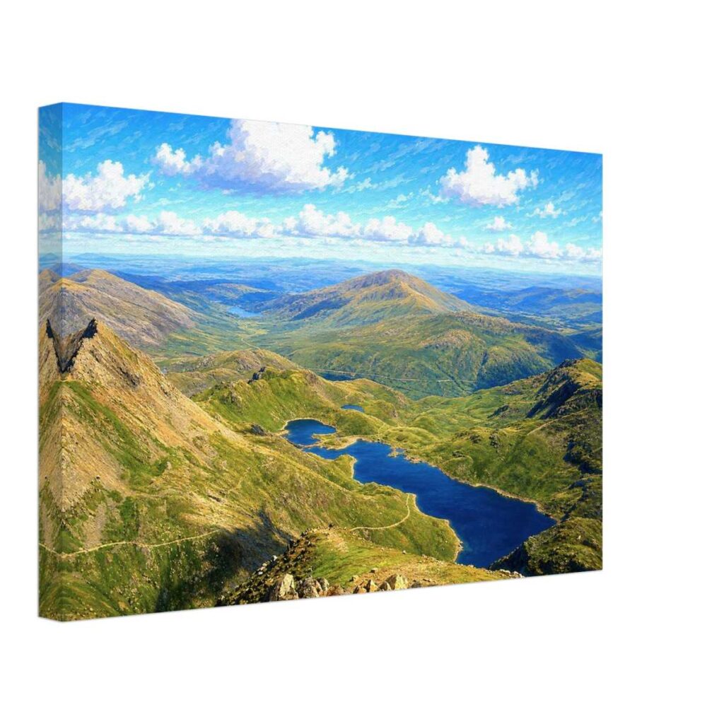 Painterly 1980s view of Llyn Llydaw in Snowdonia, Wales, with blue mountain lake, green ridges, rocky paths and distant hills.