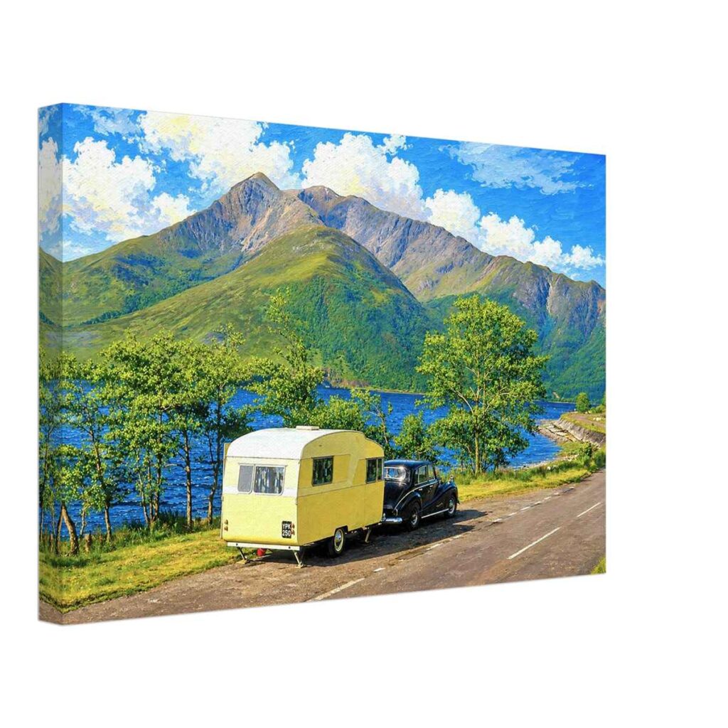 1960s painterly view of Loch Leven, Scotland with a vintage car and caravan beneath Sgorr Dhearg in the Scottish Highlands - canvas print.