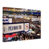 1960s London Motor Show at Earls Court packed with visitors beneath classic British and international automobile displays, reimagined in a painterly style from a genuine vintage color photograph.