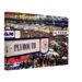 1960s London Motor Show at Earls Court packed with visitors beneath classic British and international automobile displays, reimagined in a painterly style from a genuine vintage color photograph.