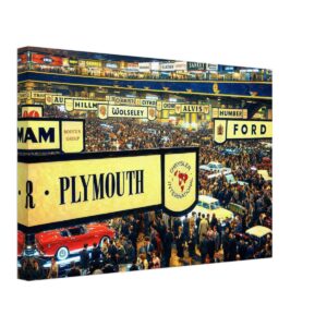 1960s London Motor Show at Earls Court packed with visitors beneath classic British and international automobile displays, reimagined in a painterly style from a genuine vintage color photograph.