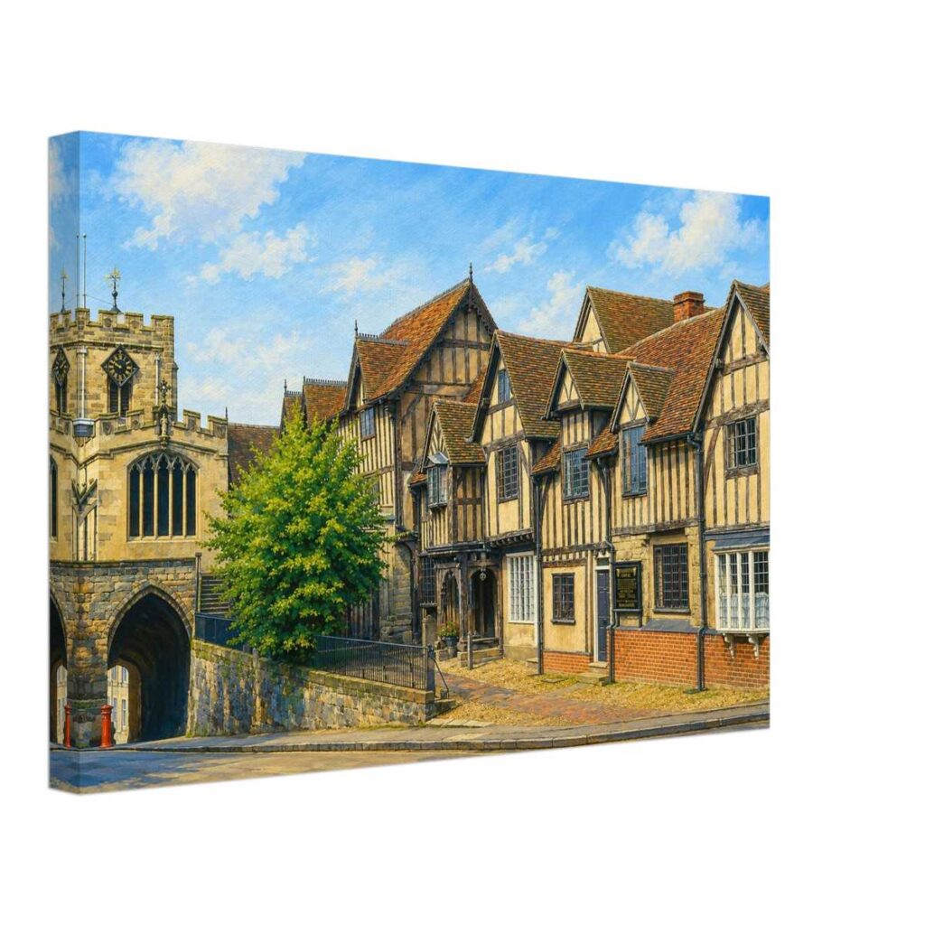 Painterly 1970s view of the Lord Leycester Hospital on High Street in Warwick, England, with timber-framed buildings, tiled roofs, stone church gateway and blue sky.