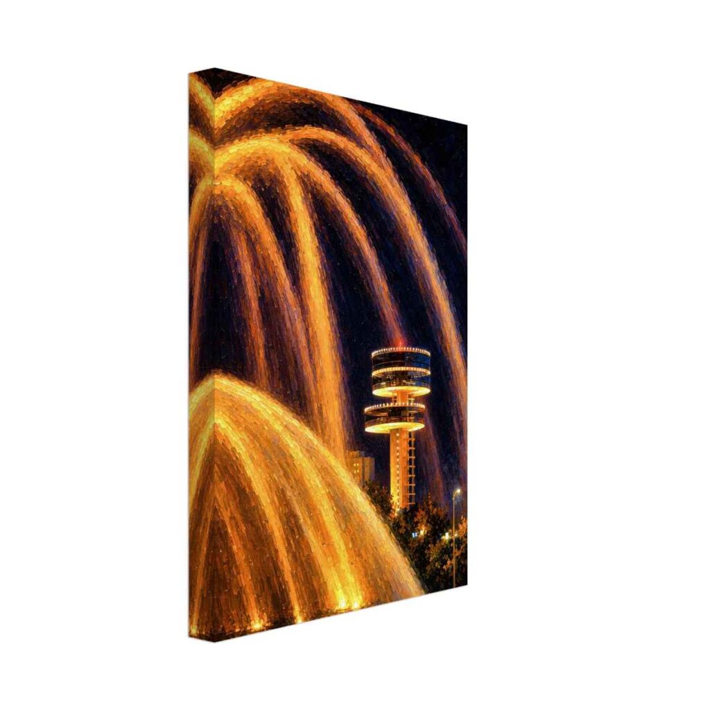 Painterly 1960s night view of the Lunar Fountain at the New York World’s Fair, with golden water jets and Observation Towers in the background.