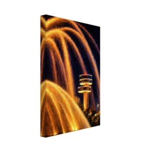 Painterly 1960s night view of the Lunar Fountain at the New York World’s Fair, with golden water jets and Observation Towers in the background.
