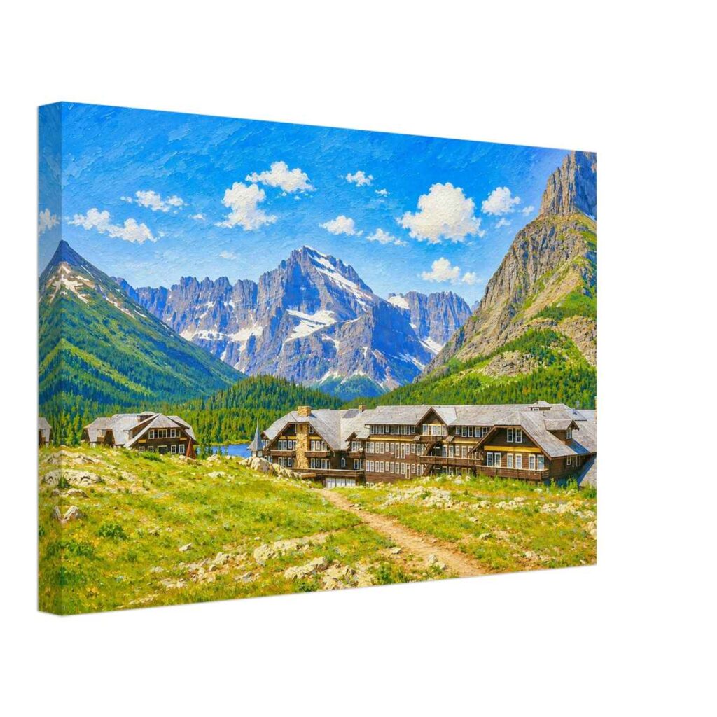 Painterly 1970s view of Many Glacier Hotel in Montana, with alpine slopes, rocky mountains, snow patches and a blue sky in Glacier National Park.
