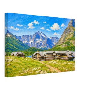 Many Glacier Hotel, Montana 1970s - Canvas Print Painterly 1970s view of Many Glacier Hotel in Montana, with alpine slopes, rocky mountains, snow patches and a blue sky in Glacier National Park.