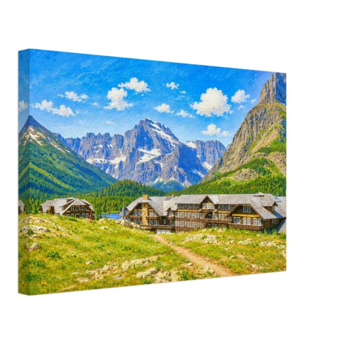 Many Glacier Hotel, Montana 1970s - Canvas Print Painterly 1970s view of Many Glacier Hotel in Montana, with alpine slopes, rocky mountains, snow patches and a blue sky in Glacier National Park.