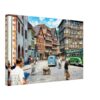 1960s painterly view of Marktplatz in Mosbach, Baden-Württemberg, Germany, with historic half-timbered buildings and vintage vehicles.