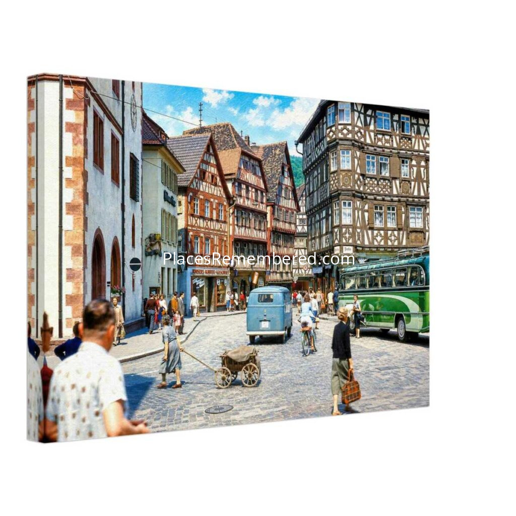 1960s painterly view of Marktplatz in Mosbach, Baden-Württemberg, Germany, with historic half-timbered buildings and vintage vehicles.