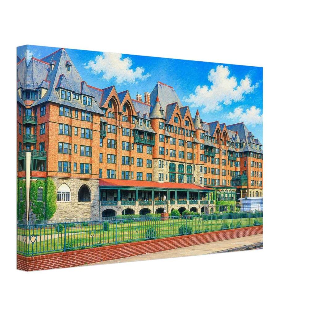 Painterly 1960s view of the Marlborough-Blenheim Hotel in Atlantic City, with red-brick hotel buildings, steep roofs, balconies, lawn and blue sky.