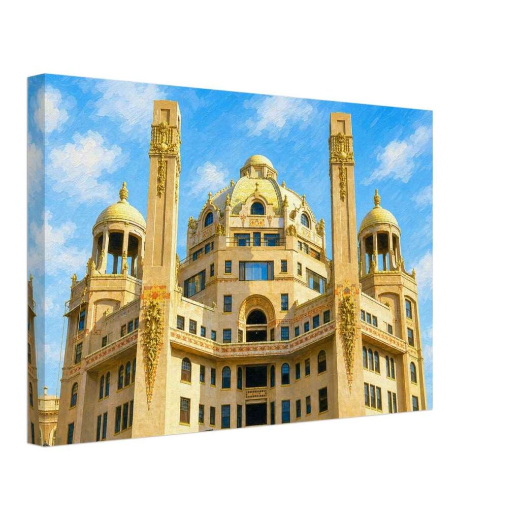 Painterly 1960s close-up view of the Marlborough-Blenheim Hotel in Atlantic City, showing ornate towers, domes, decorative stonework and a blue sky.