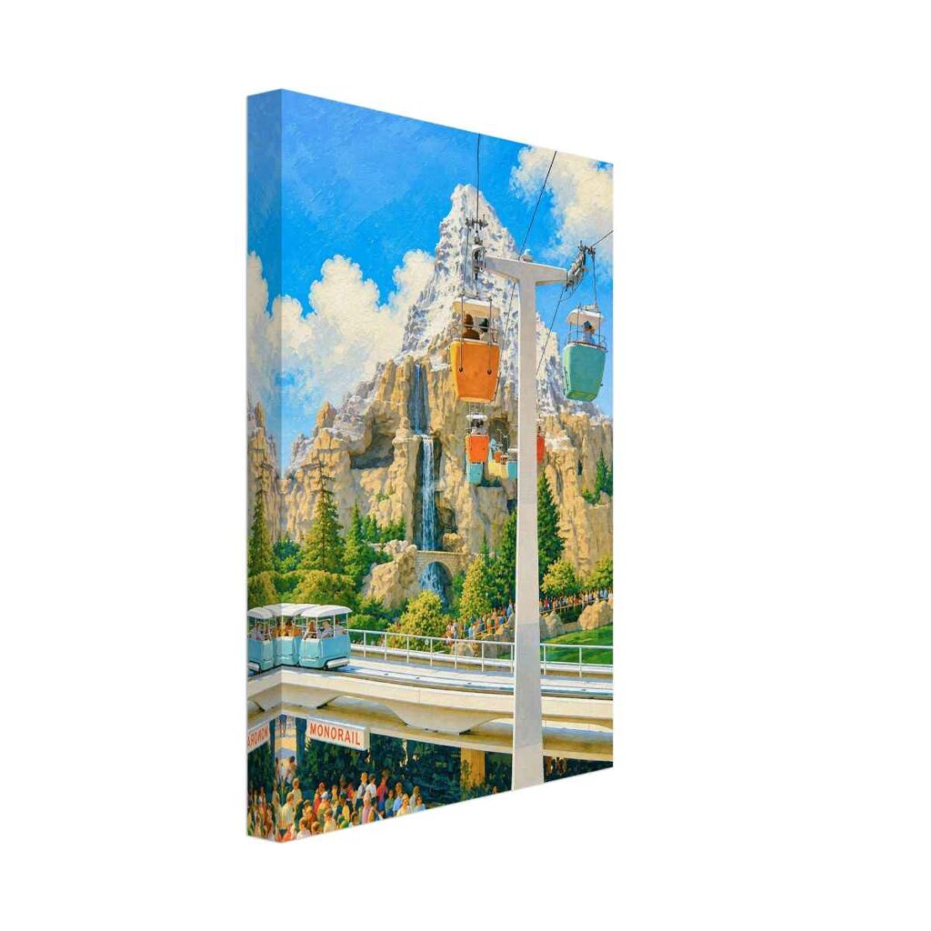 Painterly 1970s Disneyland scene showing the Matterhorn, Skyway buckets, Monorail track, PeopleMover, waterfalls, trees, and crowds.
