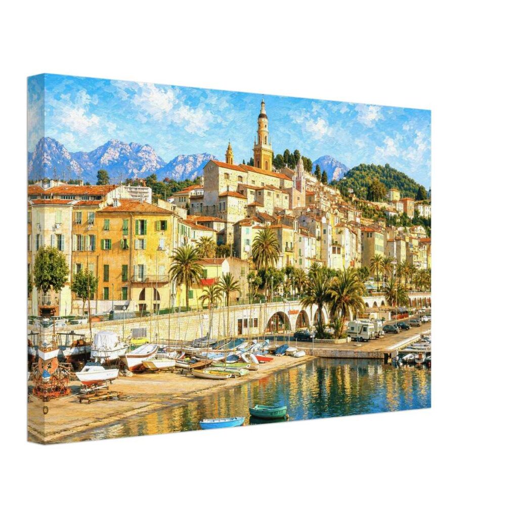 Painterly 1980s view of Menton on the French Riviera, with the harbour, palm trees, pastel old town, Basilica of Saint-Michel-Archange and mountains.