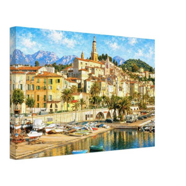 Menton, French Riviera, France 1980s - Canvas Print Painterly 1980s view of Menton on the French Riviera, with the harbour, palm trees, pastel old town, Basilica of Saint-Michel-Archange and mountains.