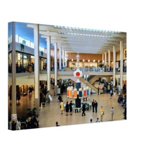 1960s interior of Midtown Plaza in Rochester, New York, featuring the famous Clock of Nations, reimagined in a painterly style from a genuine vintage color photograph.