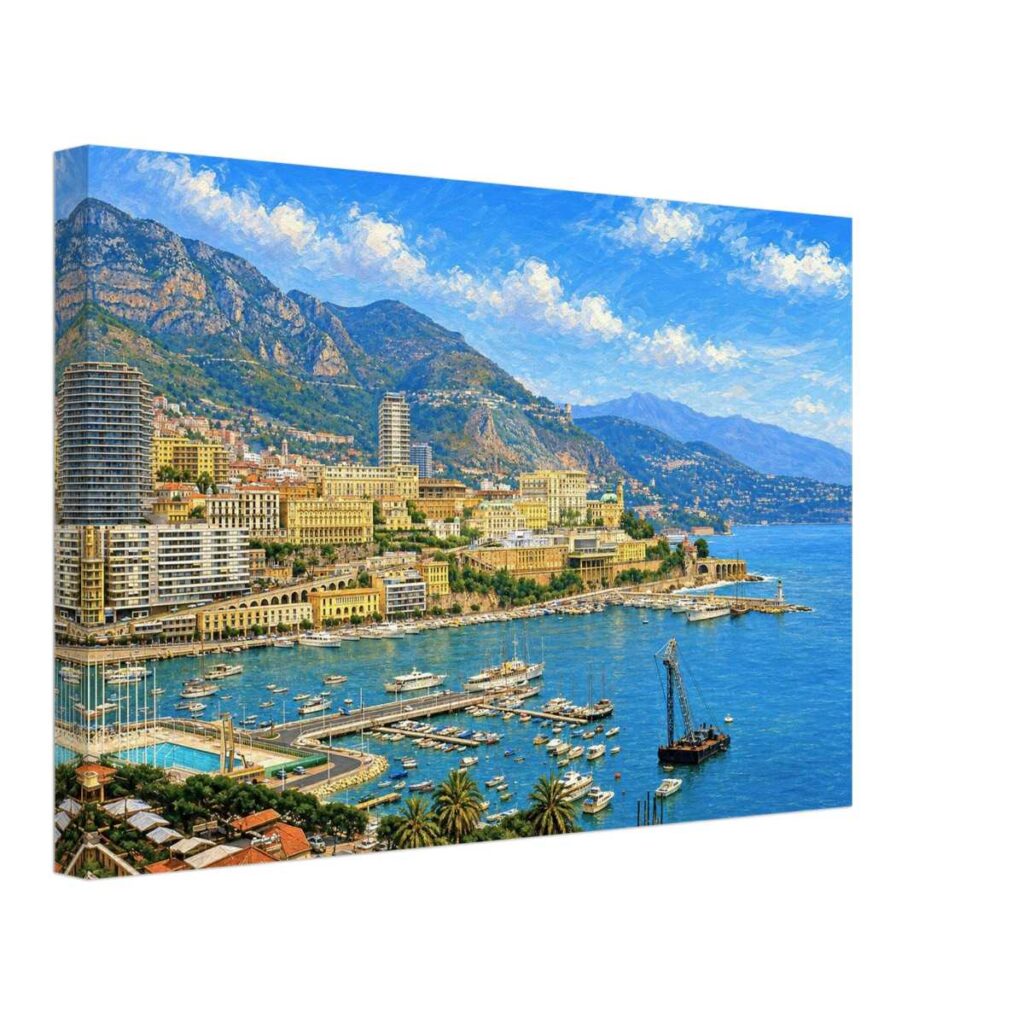 Painterly 1960s view of Monaco Harbor and Monte Carlo with yachts, blue Mediterranean water, hillside buildings, mountains and sunny sky.