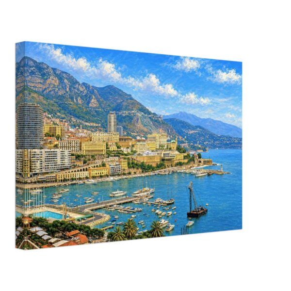 Monaco Harbor and Monte Carlo, Monaco 1960s - Canvas Print Painterly 1960s view of Monaco Harbor and Monte Carlo with yachts, blue Mediterranean water, hillside buildings, mountains and sunny sky.