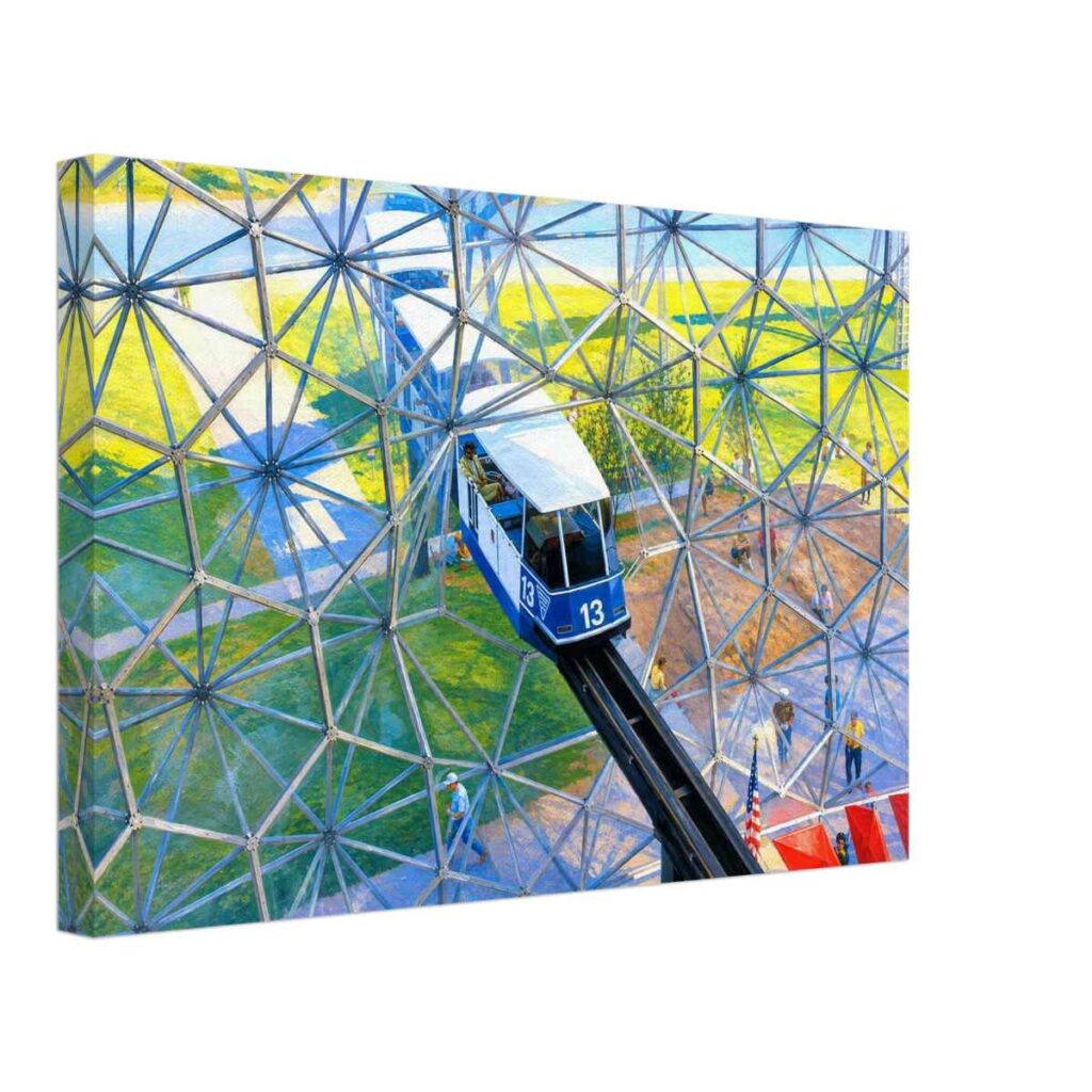 Painterly 1967 monorail entering the geodesic dome at Expo 67 in Montreal, with steel framework, crowds and futuristic exhibition setting.