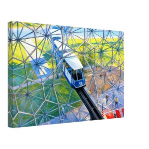 Painterly 1967 monorail entering the geodesic dome at Expo 67 in Montreal, with steel framework, crowds and futuristic exhibition setting.