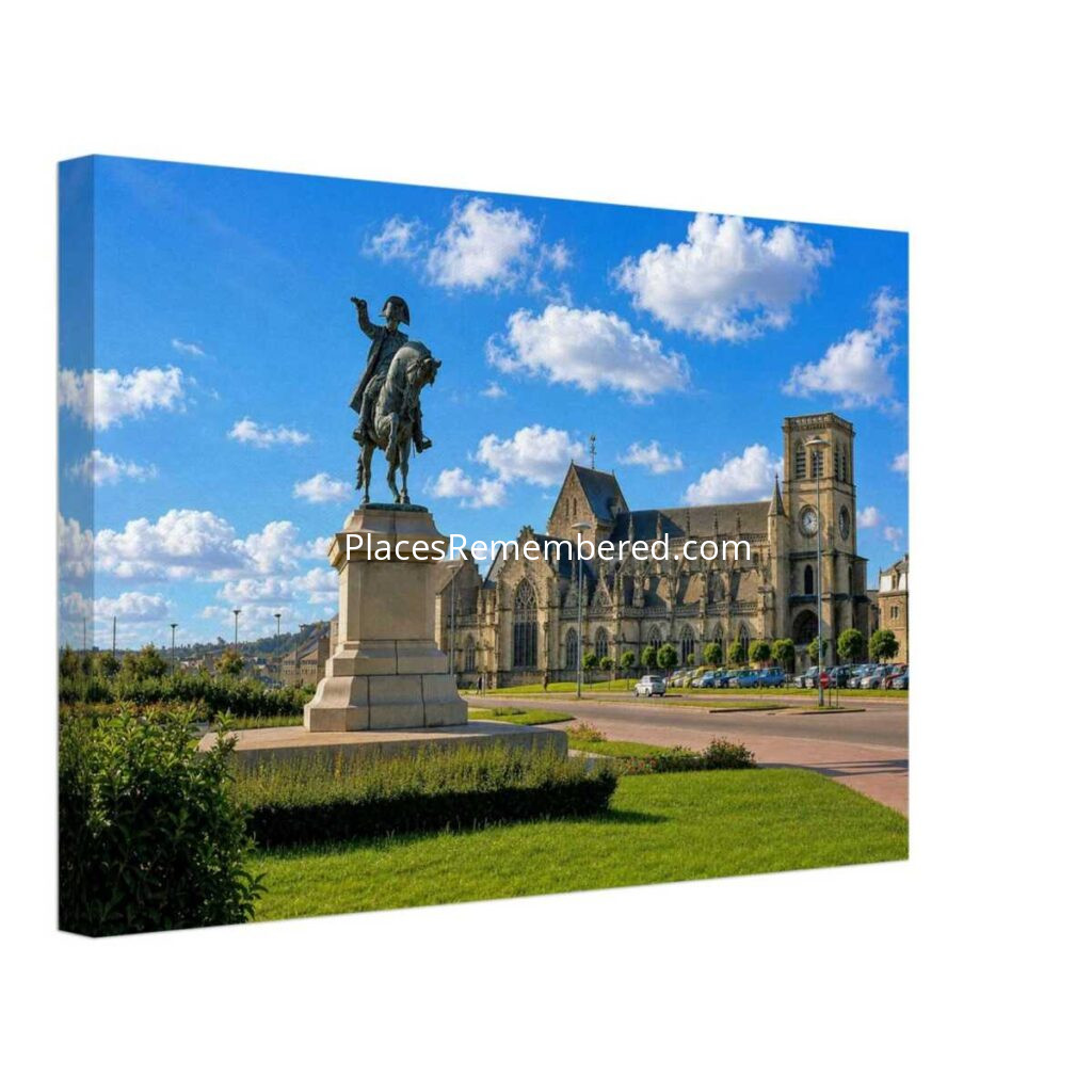 1960s photograph of the Monument à Napoléon in Place Napoléon, Cherbourg, Normandy, France, with the Basilica of Sainte-Trinité in the background.