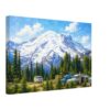 Mount Rainier, Washington 1960s - Canvas Print Mount Rainier in Washington in the 1960s, with snow-covered mountain slopes, evergreen trees and period cars beside the roadside.