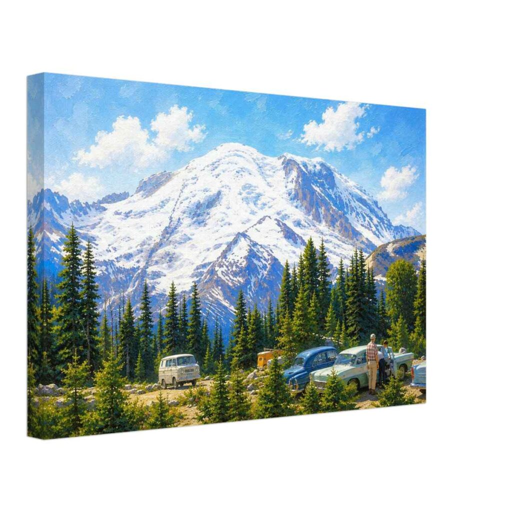 Mount Rainier in Washington in the 1960s, with snow-covered mountain slopes, evergreen trees and period cars beside the roadside.