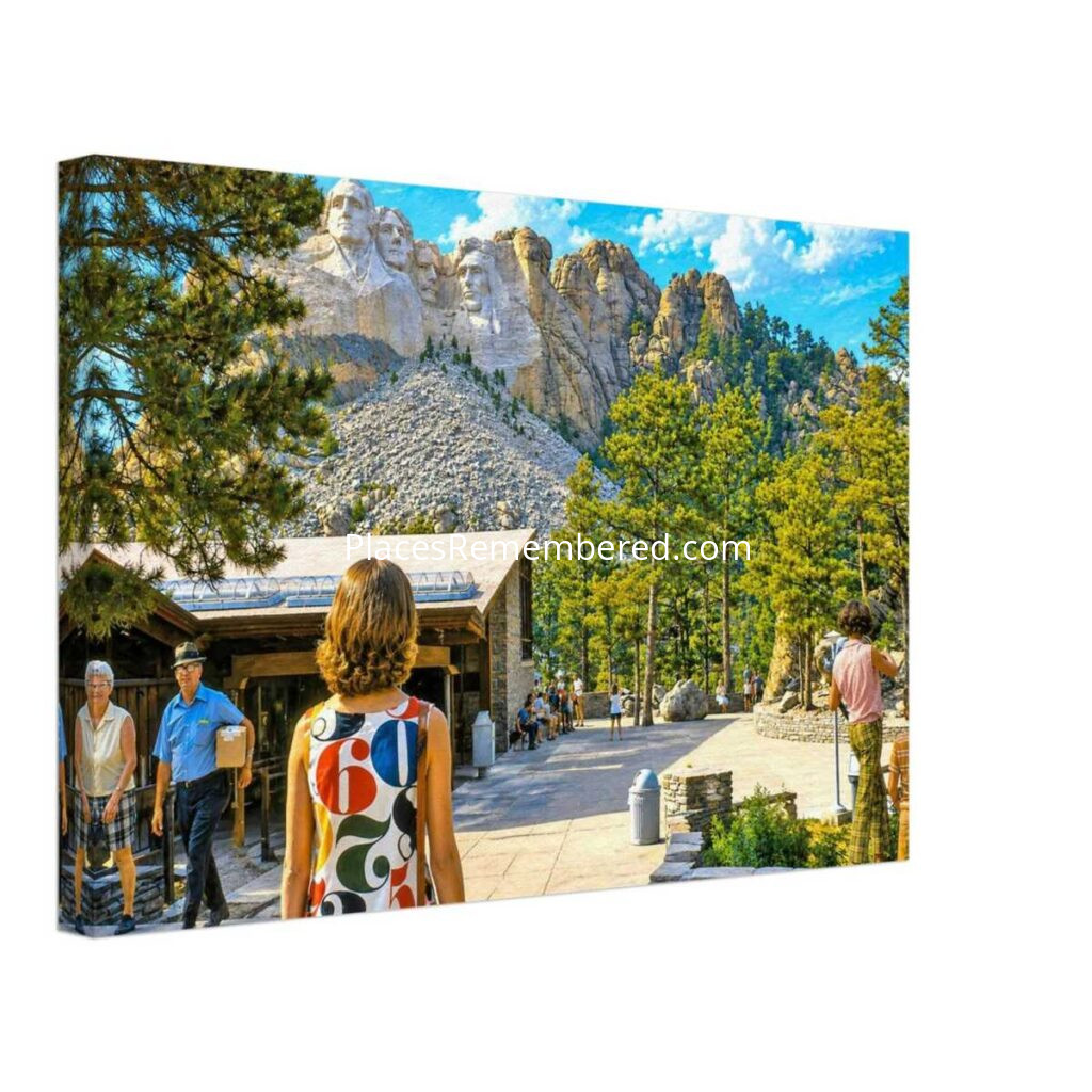 1970s view of Mount Rushmore National Memorial in South Dakota, showing visitors approaching the famous presidential sculpture framed by pine trees, reimagined in a painterly style from a genuine vintage color photograph.
