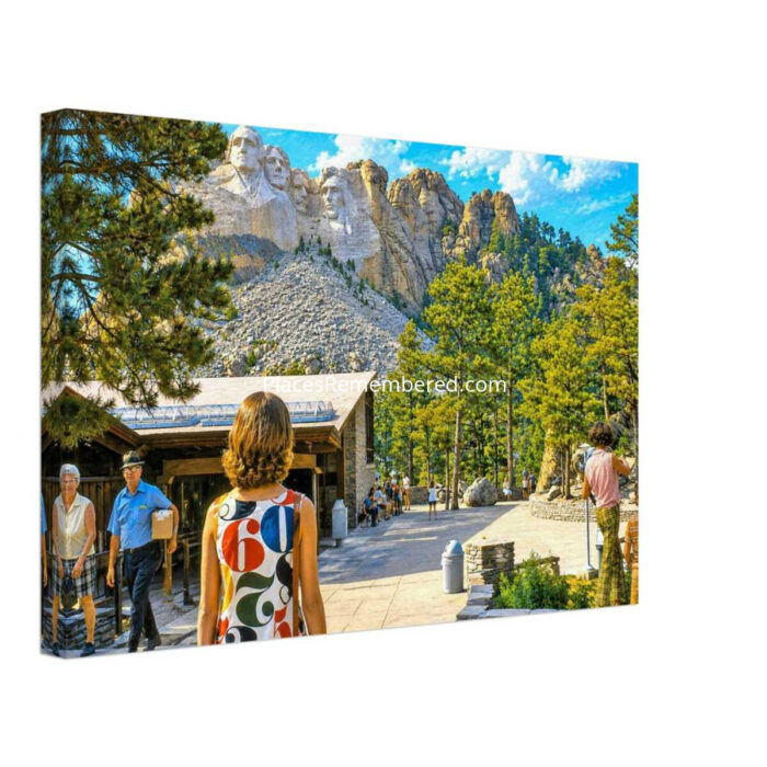 Mount Rushmore National Memorial, South Dakota 1970s - Canvas Print 1970s view of Mount Rushmore National Memorial in South Dakota, showing visitors approaching the famous presidential sculpture framed by pine trees, reimagined in a painterly style from a genuine vintage color photograph.