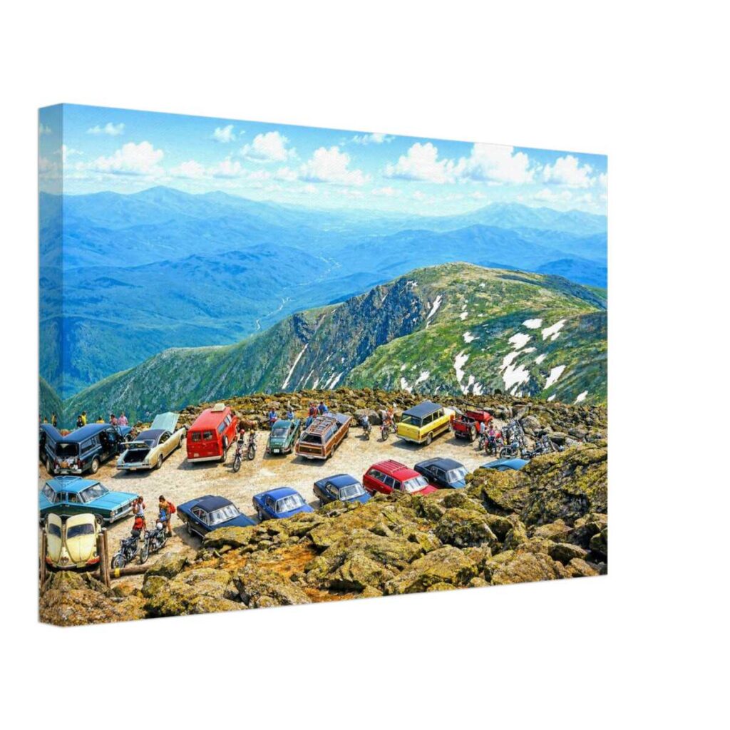 1970s view from the summit of Mount Washington, New Hampshire, with classic cars overlooking the White Mountains, reimagined in a painterly style from a genuine vintage color photograph.