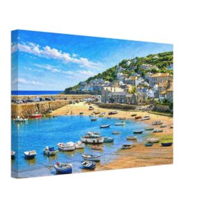 Mousehole Harbour, Cornwall, England 1970s - Canvas Print 1970s view of Mousehole Harbour in Cornwall, England, showing colorful fishing boats, granite cottages and the picturesque Cornish fishing village, reimagined in a painterly style from a genuine vintage color photograph.