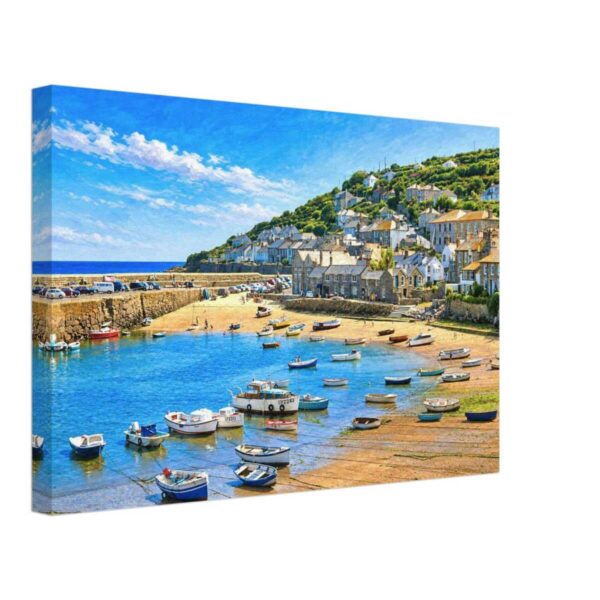 Mousehole Harbour, Cornwall, England 1970s - Canvas Print 1970s view of Mousehole Harbour in Cornwall, England, showing colorful fishing boats, granite cottages and the picturesque Cornish fishing village, reimagined in a painterly style from a genuine vintage color photograph.