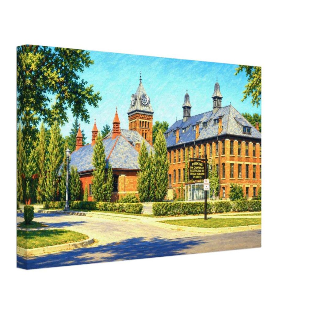 Painterly 1950s view of the former Museum Building, later Romance Languages Building, at the University of Michigan in Ann Arbor, with red brick, clock tower, slate roofs and trees.