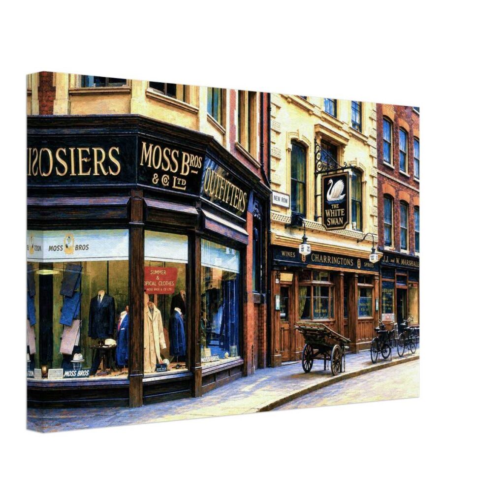 Painterly 1960s view of New Row in Covent Garden, London, showing the Moss Bros outfitters shop, The White Swan pub, bicycles, handcart and historic storefronts.