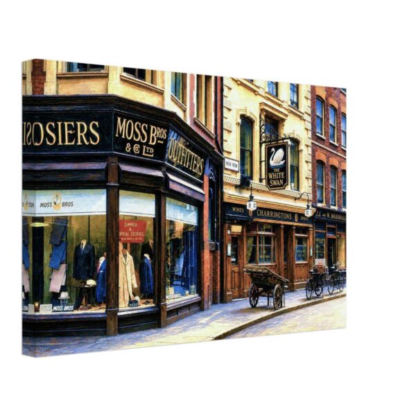 New Row and The White Swan, Covent Garden, London 1960s - Canvas Print Painterly 1960s view of New Row in Covent Garden, London, showing the Moss Bros outfitters shop, The White Swan pub, bicycles, handcart and historic storefronts.
