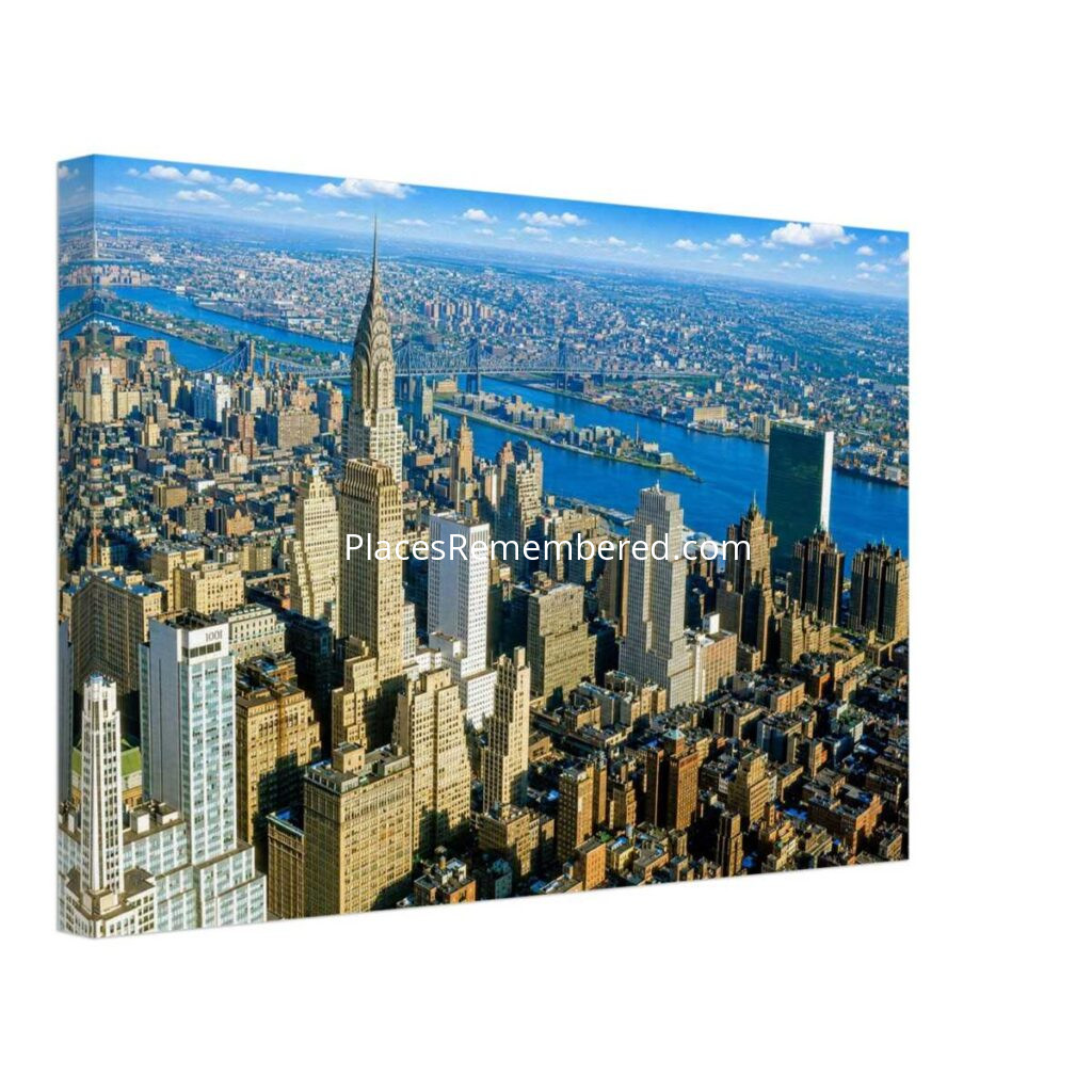 1950s aerial view of the New York City skyline featuring the Chrysler Building, Midtown Manhattan and the East River, reimagined in a painterly style from a genuine vintage color photograph.