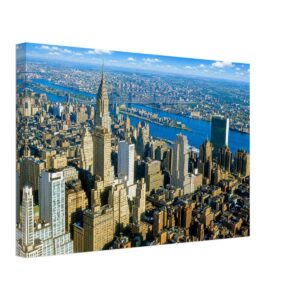1950s aerial view of the New York City skyline featuring the Chrysler Building, Midtown Manhattan and the East River, reimagined in a painterly style from a genuine vintage color photograph.