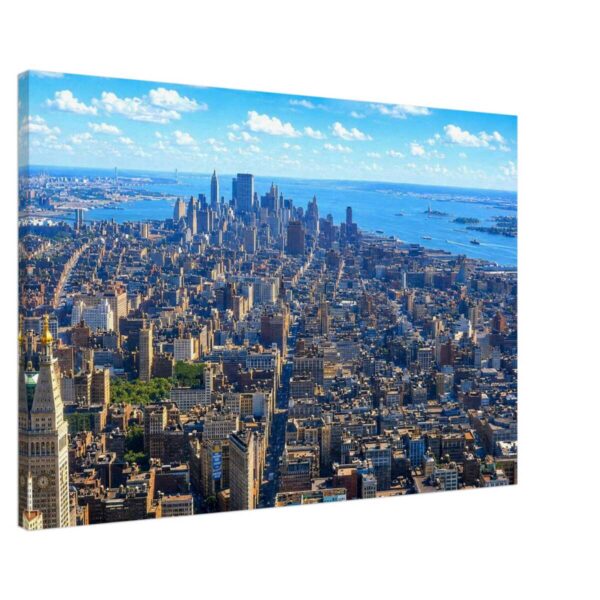 New York City Skyline 1960s - Canvas Print 1960s aerial view of New York City looking south over Manhattan toward Lower Manhattan, New York Harbor and the Statue of Liberty, reimagined from a genuine vintage color photograph in a painterly style.