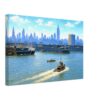 New York Harbor and Manhattan Skyline 1950s - Canvas Print Painterly 1950s view of New York City across the Hudson River, with Cunard Line piers, tugboats, the Empire State Building, Chrysler Building and Manhattan skyline.