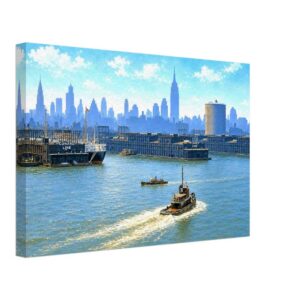 Painterly 1950s view of New York City across the Hudson River, with Cunard Line piers, tugboats, the Empire State Building, Chrysler Building and Manhattan skyline.