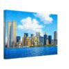 Painterly 1970s view of the New York City skyline with the World Trade Center Twin Towers under construction, blue harbor water, boats and seabirds.