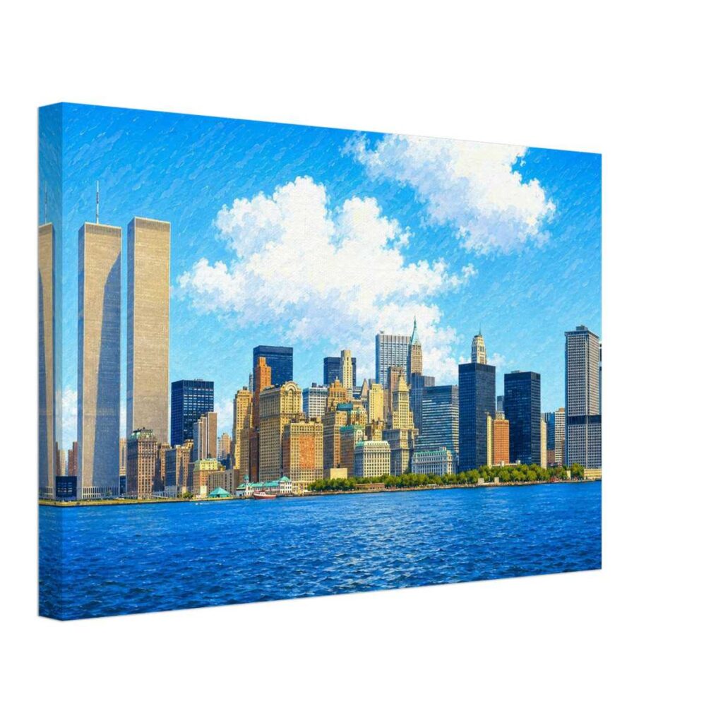 Painterly 1970s view of the New York City skyline with the World Trade Center Twin Towers under construction, blue harbor water, boats and seabirds.
