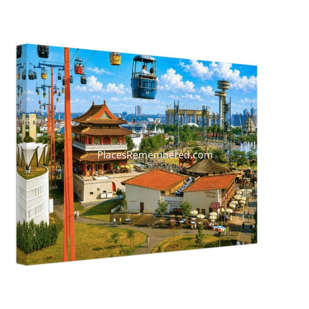 1960s painterly view of the New York World's Fair 1965 from the Swiss Sky Ride, showing the Chinese Pavilion, Caribbean Pavilion and fairgrounds at Flushing Meadows - canvas print.