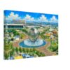 Painterly 1964 view of the New York World’s Fair with the Unisphere, fountains, surrounding pavilions, crowds and Shea Stadium in the background.