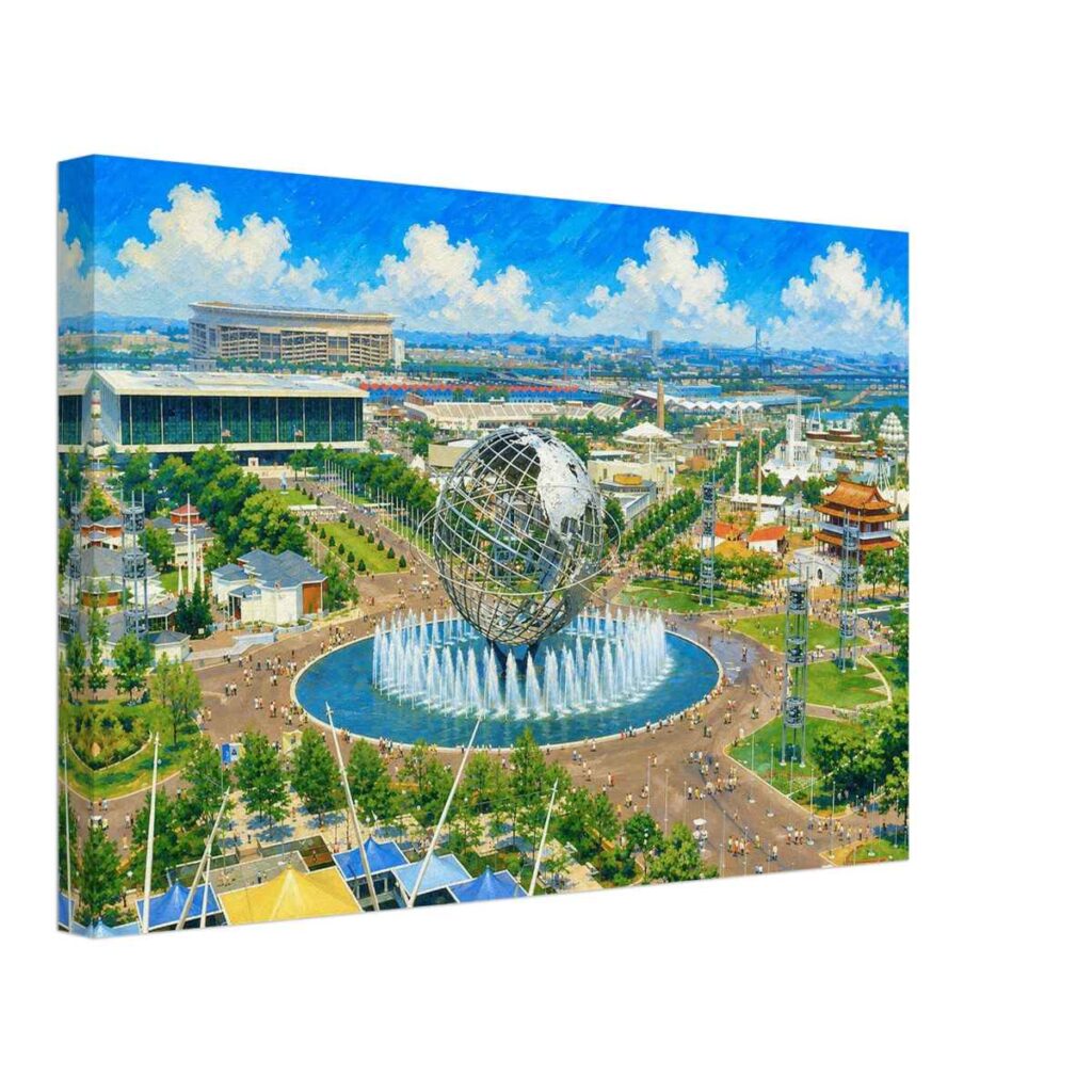 Painterly 1964 view of the New York World’s Fair with the Unisphere, fountains, surrounding pavilions, crowds and Shea Stadium in the background.