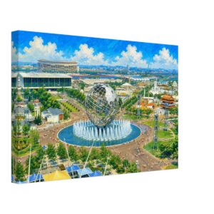 Painterly 1964 view of the New York World’s Fair with the Unisphere, fountains, surrounding pavilions, crowds and Shea Stadium in the background.