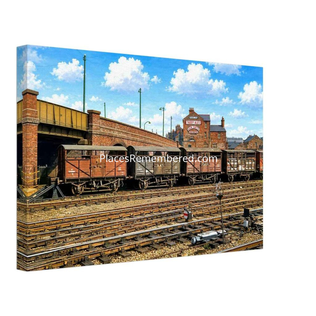 1950s painterly view of North Bridge Road, Doncaster, showing railway cattle wagons and the Brown Cow pub advertising Taddy Ales - canvas print.